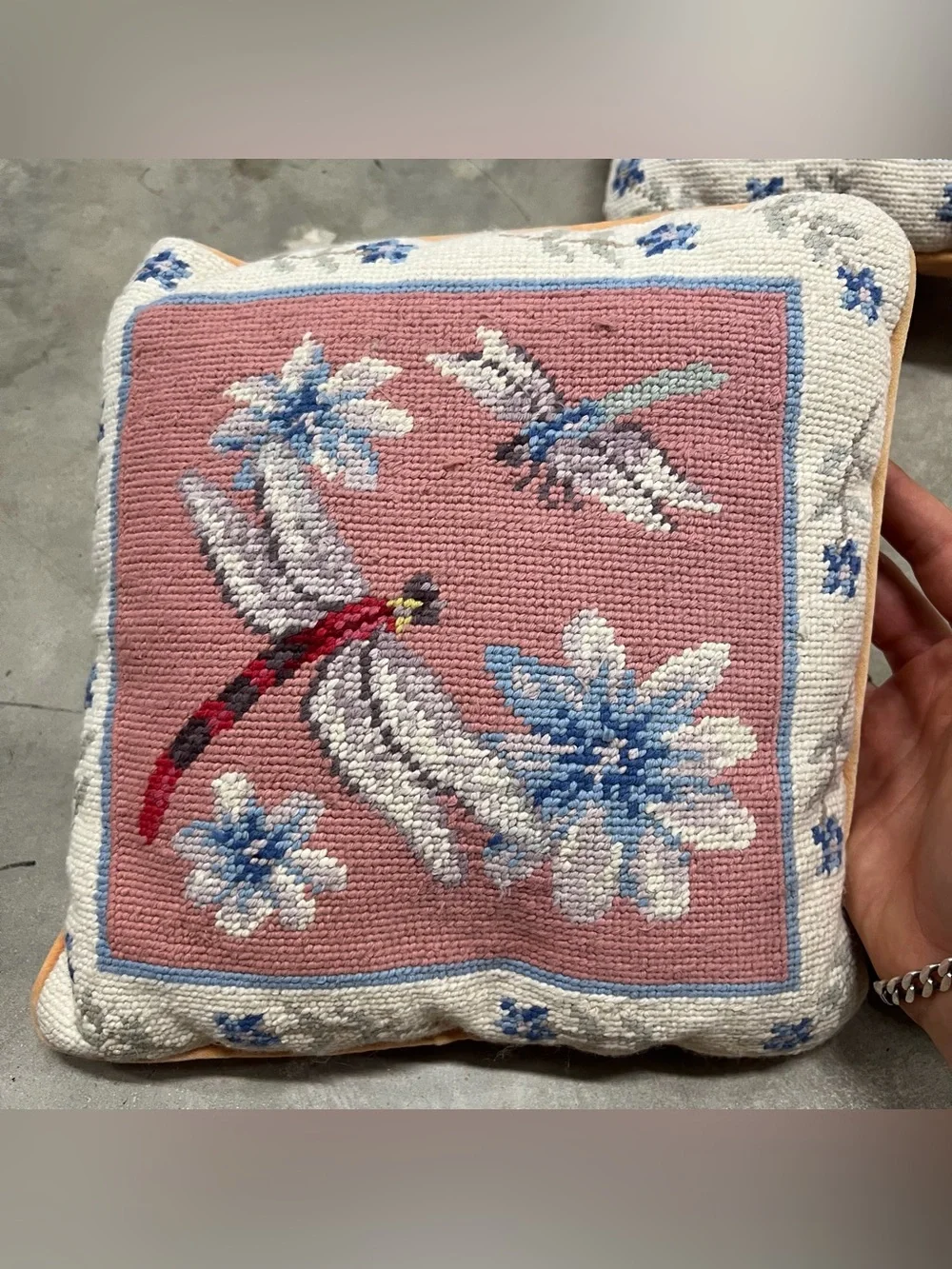 Vintage Needlepoint Pillow Dragonflirs and Flowers Lot Of 3 READ DESCRIPTION